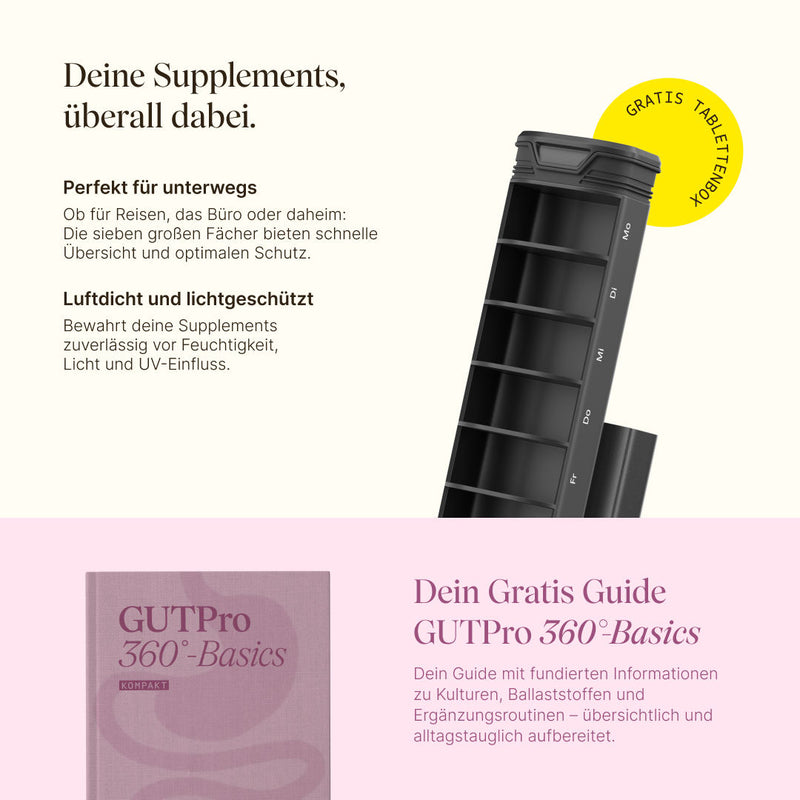 Vetains Tablettenbox. Perfekt für unterwegs. Große Fächer. Luftdicht und lichtgeschützt ohne UV-Einfluss. Gratis Guide GUTPro Basics. Fundierte Infos zu Kulturen, Ballaststoffen und Ergänzungsroutinen