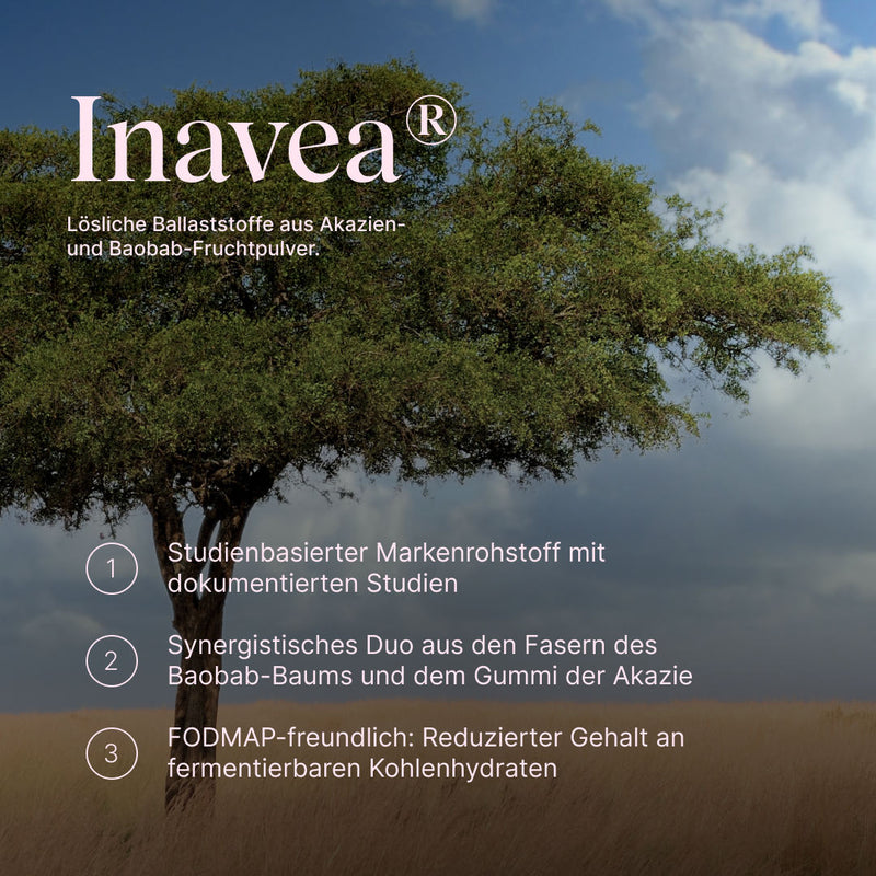Vetain GUTPro 360°-Komplex von Inavea. Lösliche Ballaststoffe aus Akazien- und Baobab-Fruchtpulver. Studienbasierter Markenrohstoff mit dokumentierten Studien, synergistisches Duo aus den Fasern des Baobab-Baums und dem Gummi der Akazie, FODMAP-freundlich: Reduzierter Gehalt an fermentierbaren Kohlenhydraten
