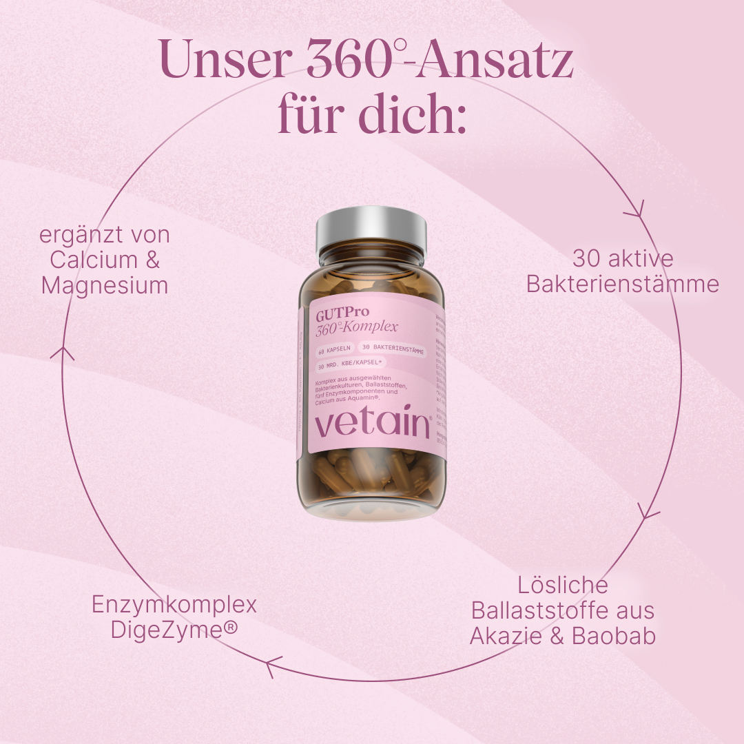 Vetain GUTPro 360°-Komplex mit einem rundum-Ansatz für deine Verdauung: 30 aktive Bakterienstämme, lösliche Ballaststoffe aus Akazie und Baobab, Enzymkomplex DigeZyme, ergänzt von Calcium & Magnesium