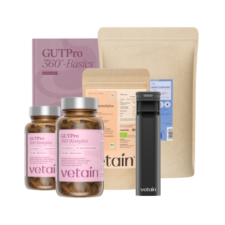 Vetain Gut Reset Bundle. Mit GUTPro Komplex, Bio-Flohsamenschalen, L-Glutamin, Tablettenbox und Health Guide