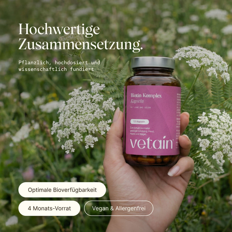 Hochwertige Zusammensetzung des Vetain Biotin Komplexes: Pflanzlich, hochdosiert und wissenschaftlich fundiert. Optimale Bioverfügbarkeit, 4 Monats-Vorrat, vegan & allergenfrei