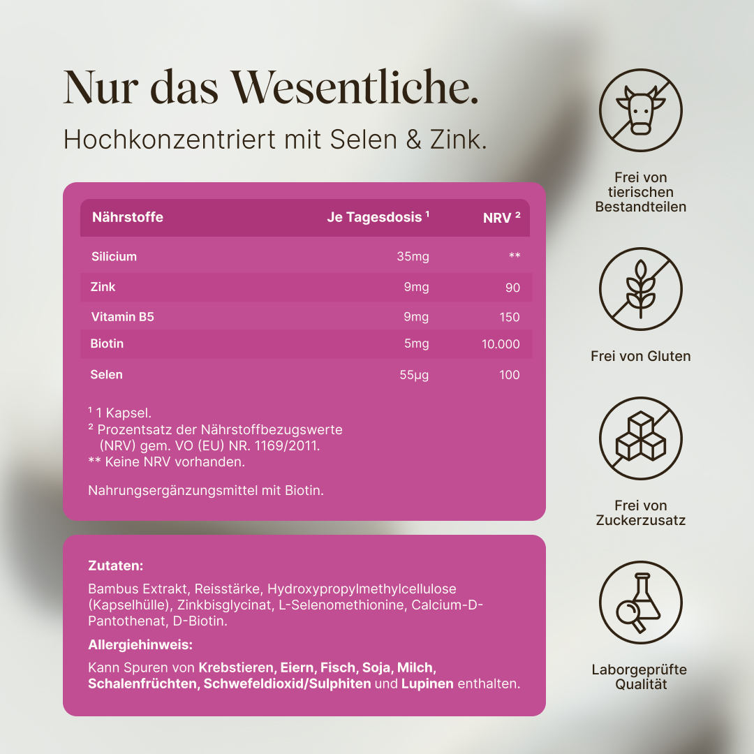 Zusammensetzung des Vetain Biotin Komplexes: Hochkonzentriert mit Selen & Zink. Frei von tierischen Bestandteilen, frei von Gluten, frei von Zuckerzusatz, laborgeprüfte Qualität