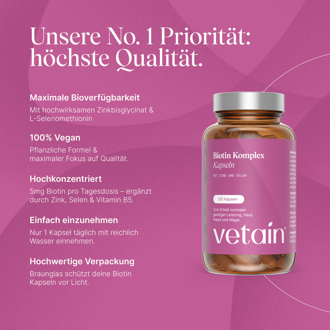 Vetain Biotin Komplex Kapseln mit Zink und Selen (120 Kapseln, Braunglas). Überschrift „Unsere No. 1 Priorität: höchste Qualität“. Merkmale: maximale Bioverfügbarkeit (Zinkbisglycinat & L-Selenomethionin), 100 % vegan, hochkonzentriert (5 mg Biotin pro Tagesdosis, ergänzt durch Zink, Selen & Vitamin B5), einfach einzunehmen (1 Kapsel täglich), hochwertige Braunglas-Verpackung.