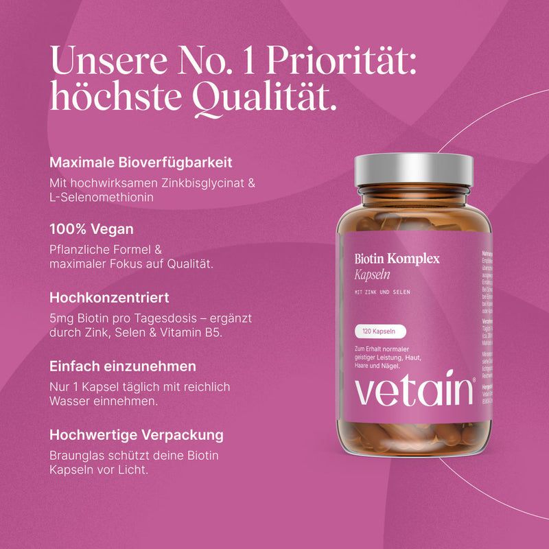 Vetain Biotin Komplex Kapseln mit Zink und Selen (120 Kapseln, Braunglas). Überschrift „Unsere No. 1 Priorität: höchste Qualität“. Merkmale: maximale Bioverfügbarkeit (Zinkbisglycinat & L-Selenomethionin), 100 % vegan, hochkonzentriert (5 mg Biotin pro Tagesdosis, ergänzt durch Zink, Selen & Vitamin B5), einfach einzunehmen (1 Kapsel täglich), hochwertige Braunglas-Verpackung.