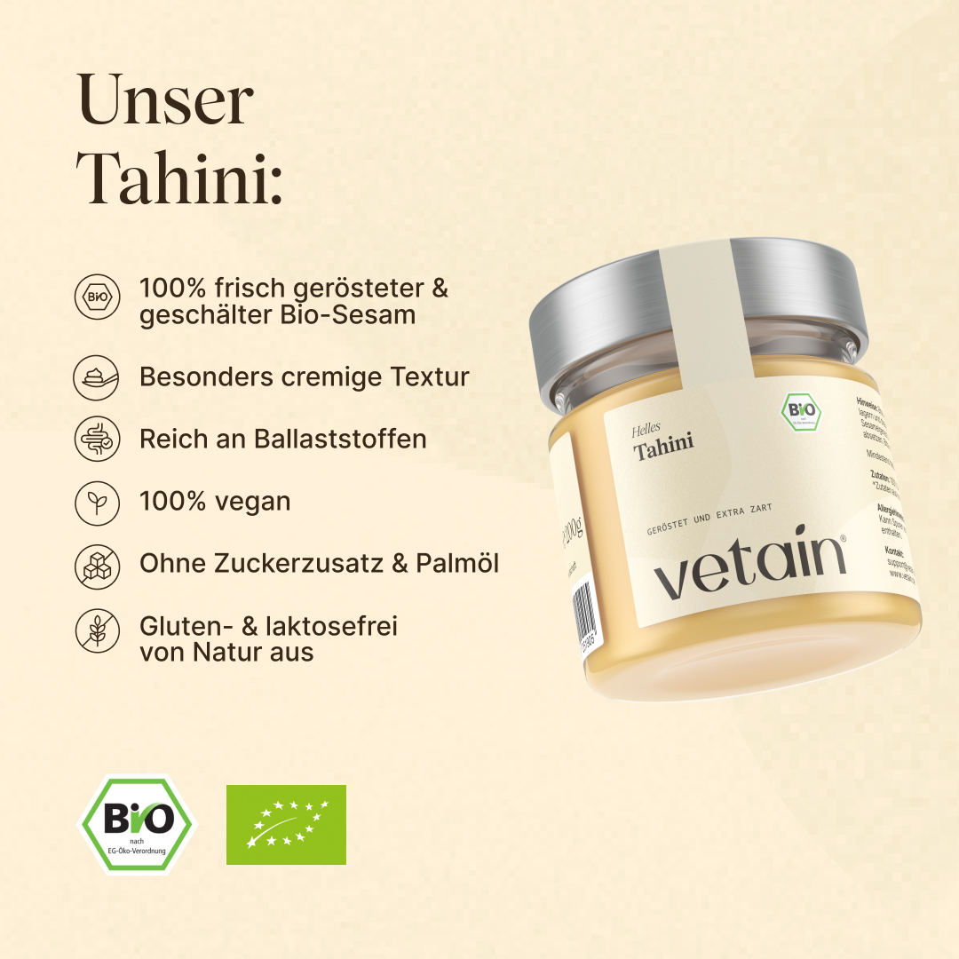 Bio-Tahini von Vetain: 100% frisch gerösteter& geschälter Bio-Sesam, besonders cremige Textur, reich an Ballaststoffen, 100% vegan, ohne Zuckerzusatz & Palmöl, Gluten- & laktosefrei von Natur aus. Bio-Siegel