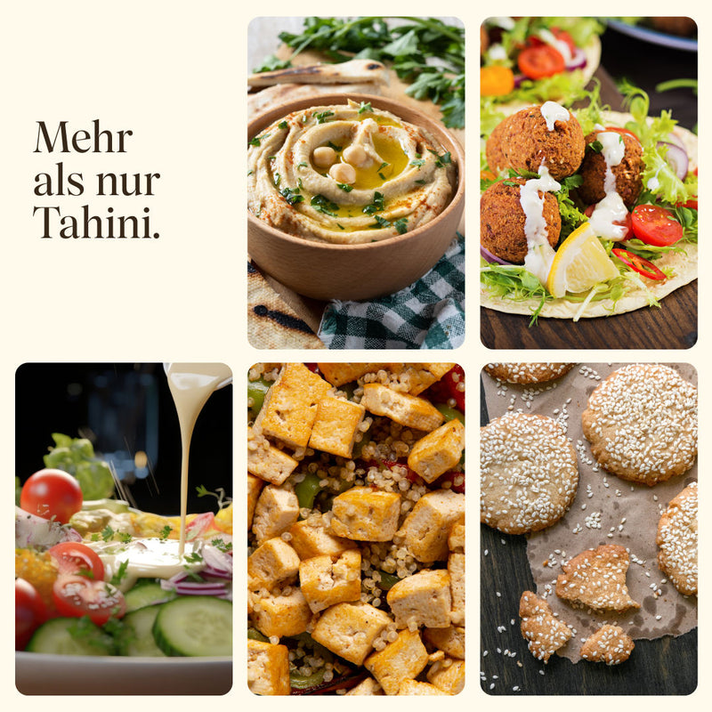 Vetains Bio-Tahini vielseitig eingesetzt inHummus, in Falafel, in Salaten, in Tofu-Gerichten, zum Backen