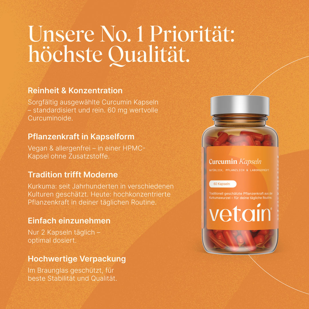 Vetain Curcumin Capsules (60 capsules, amber glass). Heading “Our No. 1 Priority: Highest Quality”. Features: Purity & Concentration (60 mg of curcuminoids, standardized), Plant Power in Capsule Form (vegan & allergen-free, HPMC capsule with no additives), Turmeric Extract, Easy to Take (2 capsules daily), high-quality amber glass packaging.