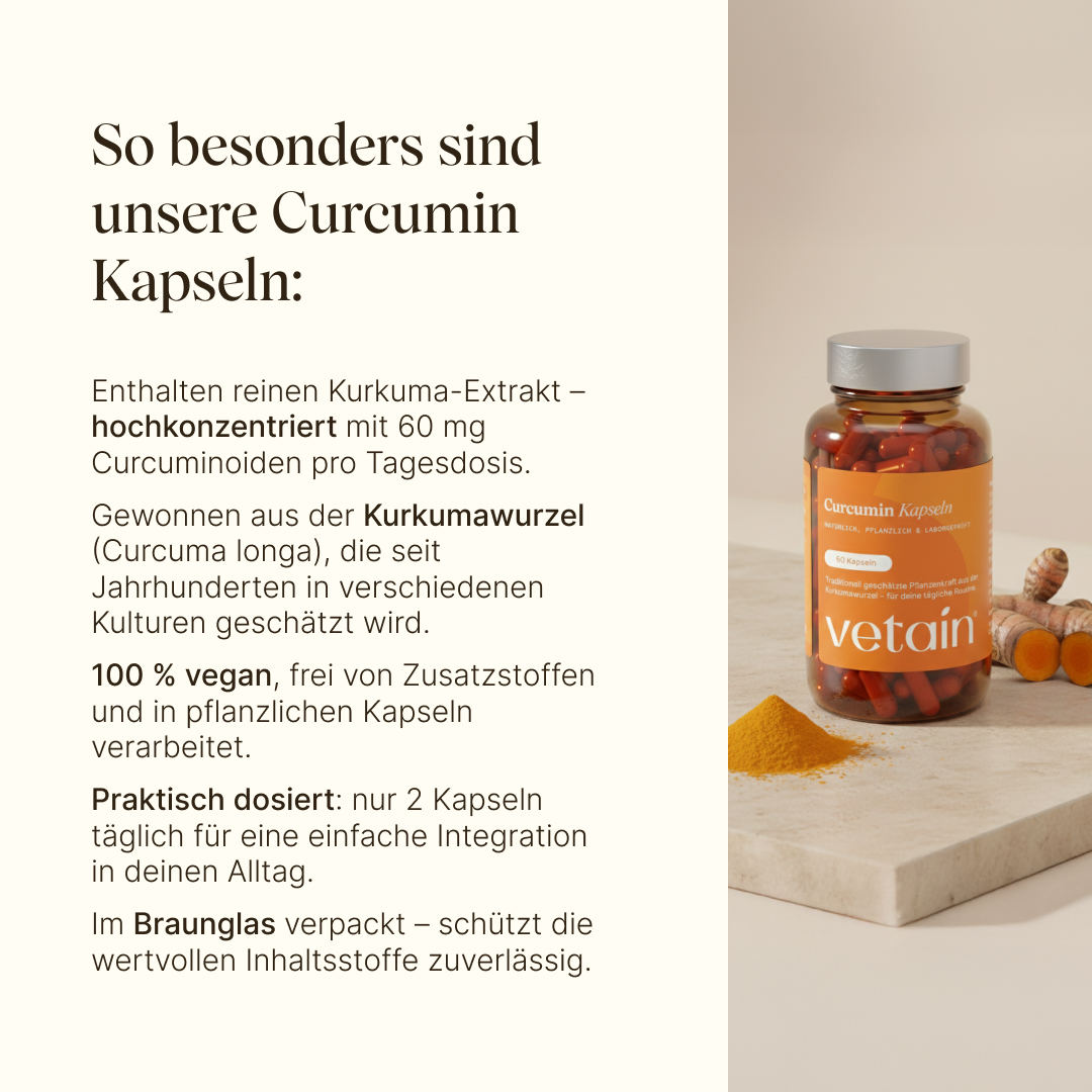 Vetain Kurkuma Wirkung. 80mg Curcuminoiden, gewonnen aus der Kurkumawurzel, 100% vegan