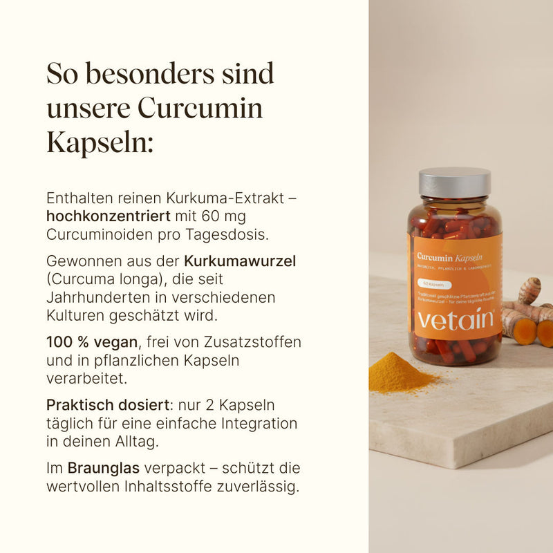 Vetain Kurkuma Wirkung. 80mg Curcuminoiden, gewonnen aus der Kurkumawurzel, 100% vegan