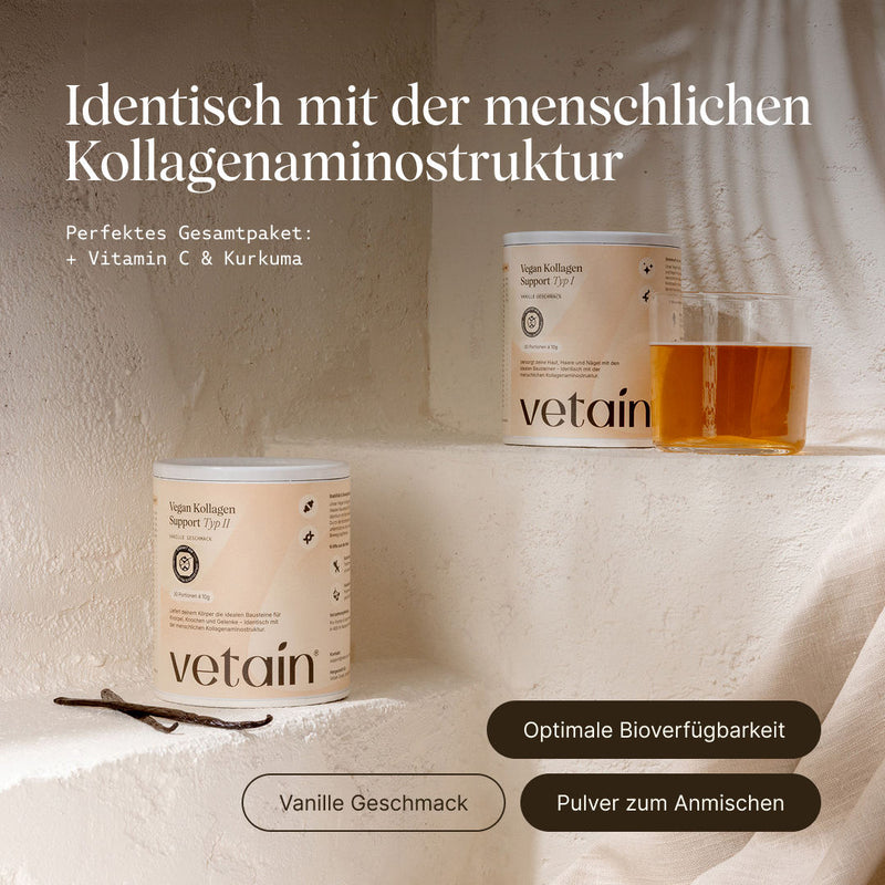 Vetain Vegan Kollagen Support Typ 1 und Typ 2: Infos zu Eigenschaften und Produkt angerührt als Getränk im Glas