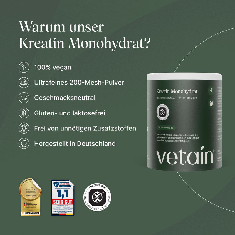 Vorteile von Vetains veganem Kreatin Monohydrat und Infos zur Qualität