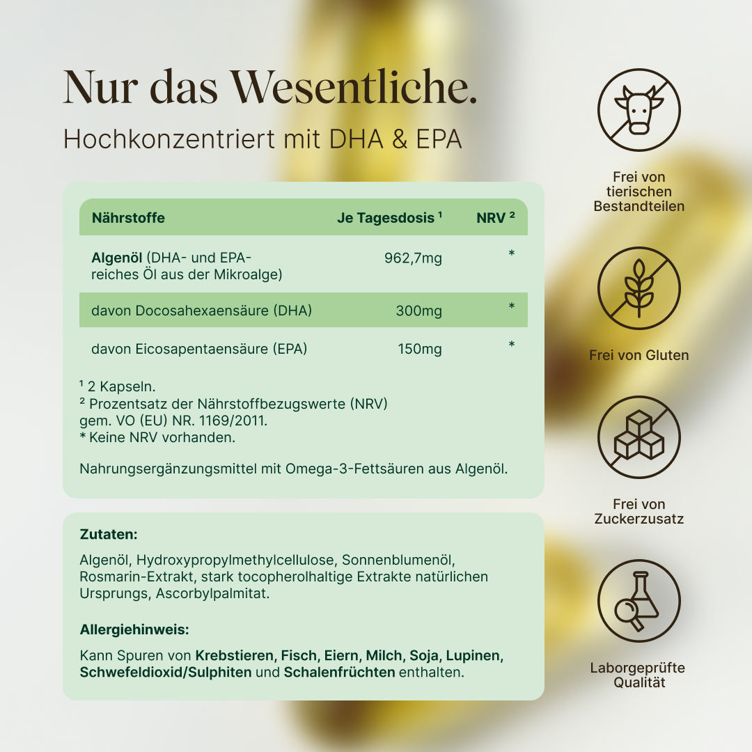 Vetain veganes Omega 3 Algenöl mit 300mg DHA + 150mg EPA pro Tagesdosis, 100% vegan aus Mikroalgen - ohne Fischöl, laborgeprüft