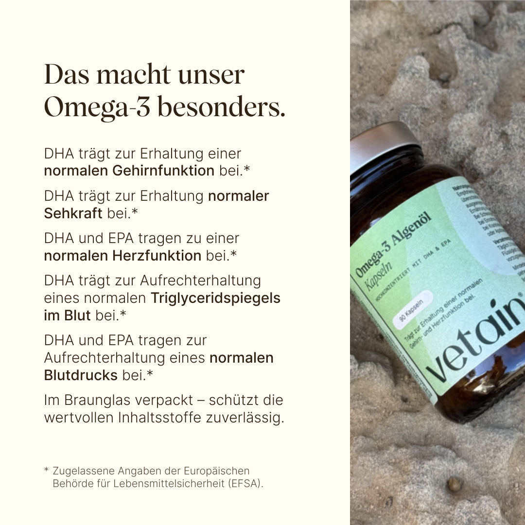 Vetain veganes Omega 3 Algenöl Wirkungshinweise, zB trägt zur Gehirnfunktion bei oder auch zur Erhaltung normaler Sehkraft