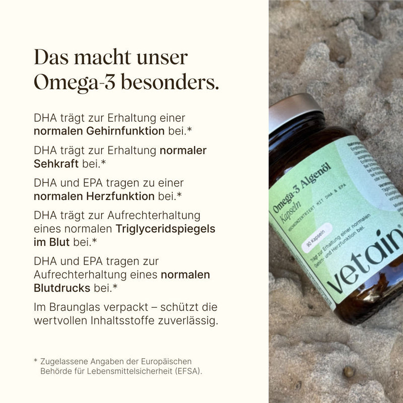Vetain veganes Omega 3 Algenöl Wirkungshinweise, zB trägt zur Gehirnfunktion bei oder auch zur Erhaltung normaler Sehkraft