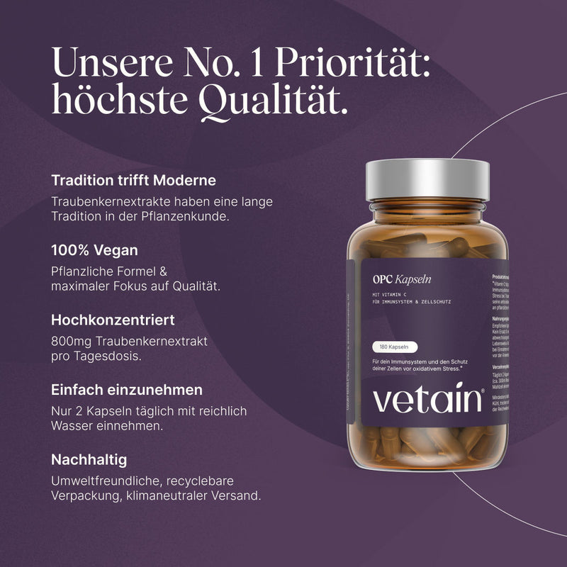 Vetain OPC Kapseln in höchster Qualität. Maximale Bioverfügbarkeit, 100 Vegan, Hochkonzentriert mit 800mg Traubenkernextrakt pro Tagesdosis, einfach einzunehmen, nachhaltig verpackt und versendet