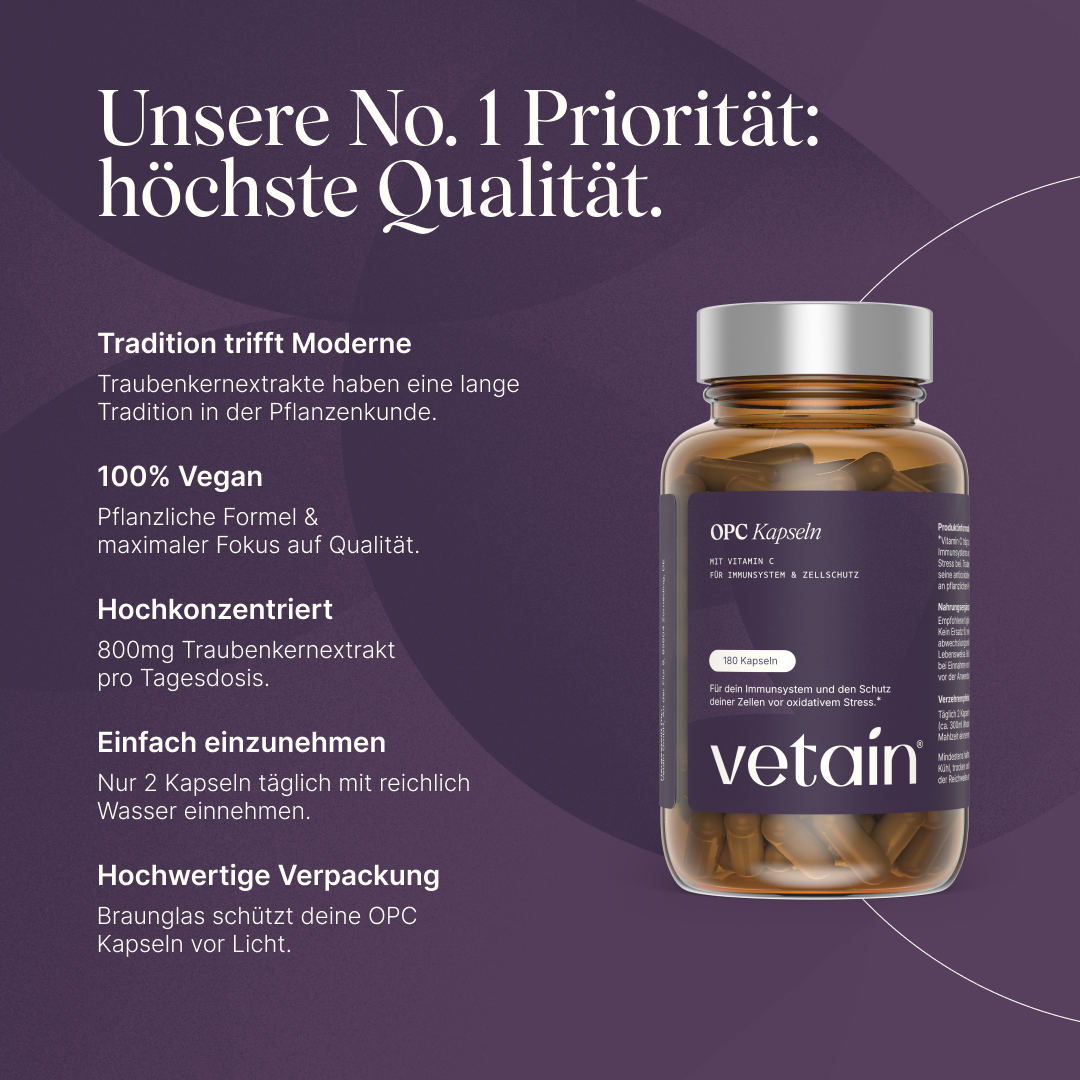 Vetain OPC capsules with vitamin C (180 capsules, amber glass). Heading “Our No. 1 priority: the highest quality”. Features: grape seed extract with a long tradition in herbal medicine, 100% vegan, highly concentrated (800 mg of grape seed extract per daily dose), easy to take (2 capsules daily), high-quality amber glass packaging.