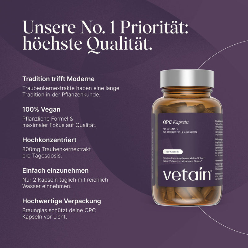 Vetain OPC capsules with vitamin C (180 capsules, amber glass). Heading “Our No. 1 priority: the highest quality”. Features: grape seed extract with a long tradition in herbal medicine, 100% vegan, highly concentrated (800 mg of grape seed extract per daily dose), easy to take (2 capsules daily), high-quality amber glass packaging.