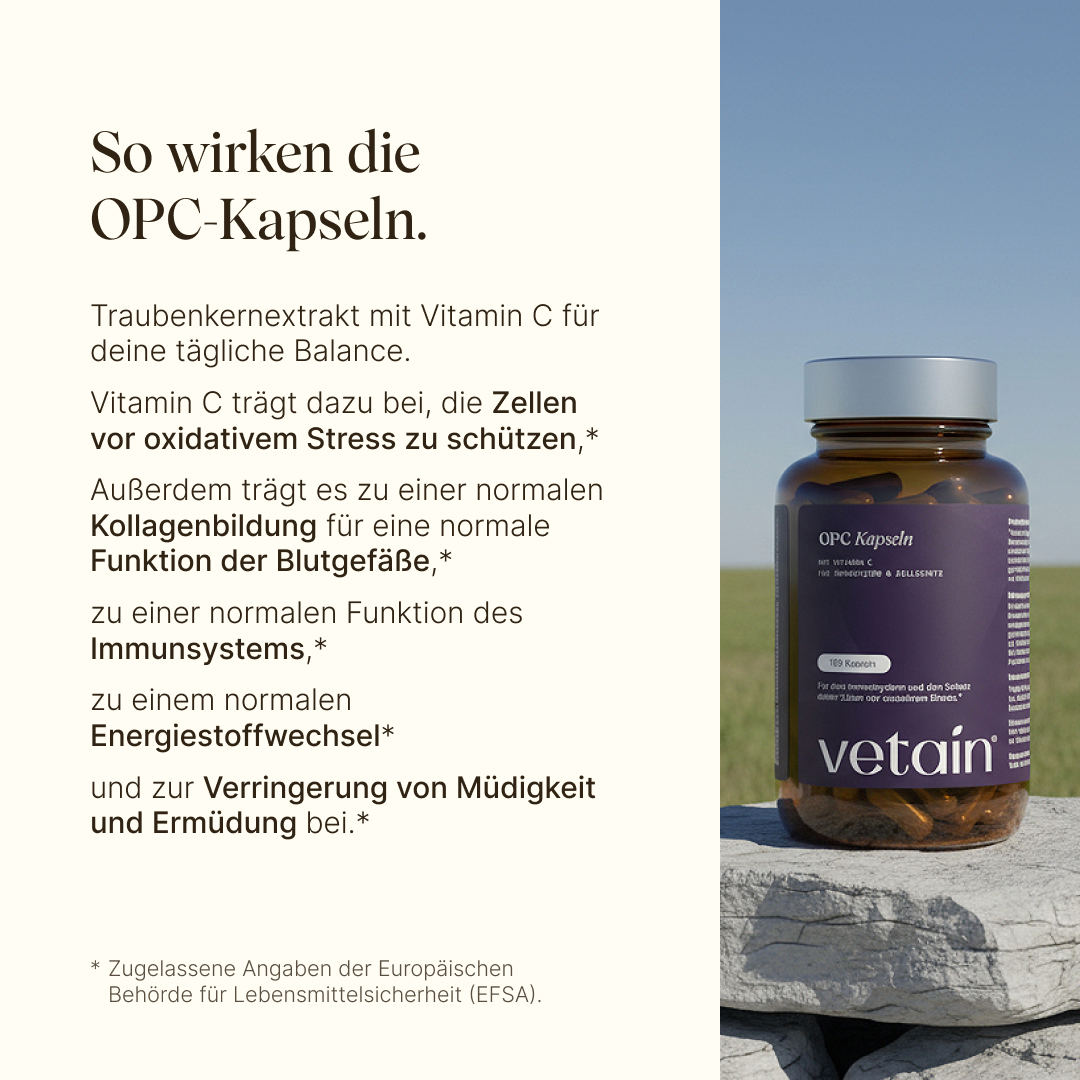 Vetain OPC Kapseln mit Traubenkernextrakt und Vitamin C für die Balance. Die Kapseln tragen zum Schutz vor oxidativem Stress bei, normale Kollagenbildung, normaler Funktion des Immunsystems und Verringerung von Müdigkeit bei