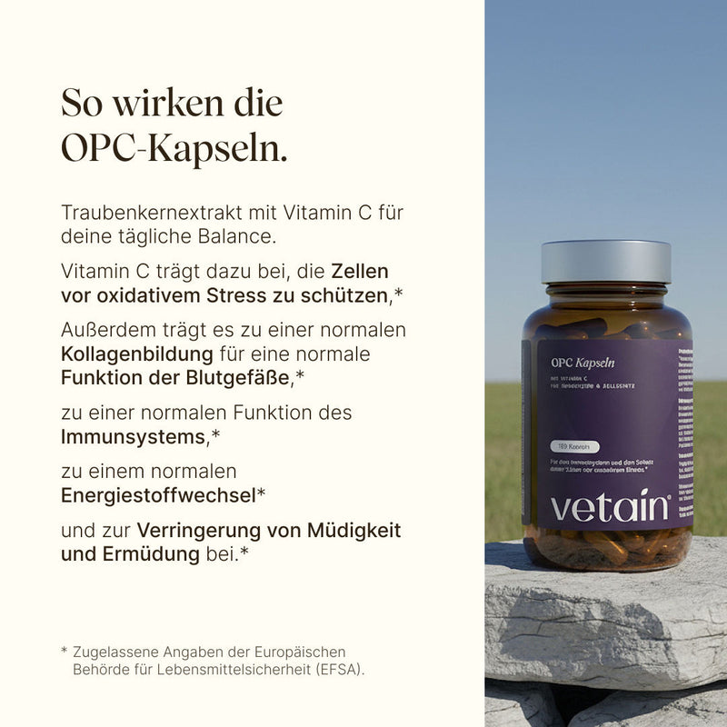Vetain OPC Kapseln mit Traubenkernextrakt und Vitamin C für die Balance. Die Kapseln tragen zum Schutz vor oxidativem Stress bei, normale Kollagenbildung, normaler Funktion des Immunsystems und Verringerung von Müdigkeit bei