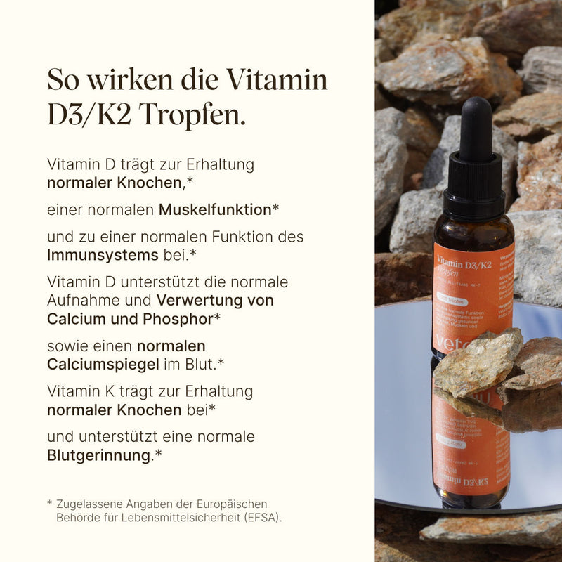 Auflistung der Wirkungsweise von Vitamin D3/K2 und zu was dieses alles beiträgt wie der Erhaltung normaler Knochen, normale Muskelfunktion, normaler Calciumspiegel und weitere