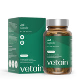 Vetains Jod Kapseln im hochwertigen Braunglas. Schräg dahinter der nachhaltige Verpackungskarton.