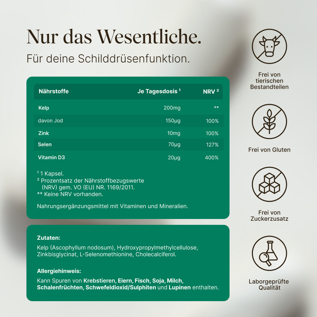 Zusammensetzung von Vetains Jod Kapseln. Cleane Zutaten, ohne Gluten, Zuckerzusatz und vegan. Jod aus Kelp mit Zink, Selen und Vitamin D3.
