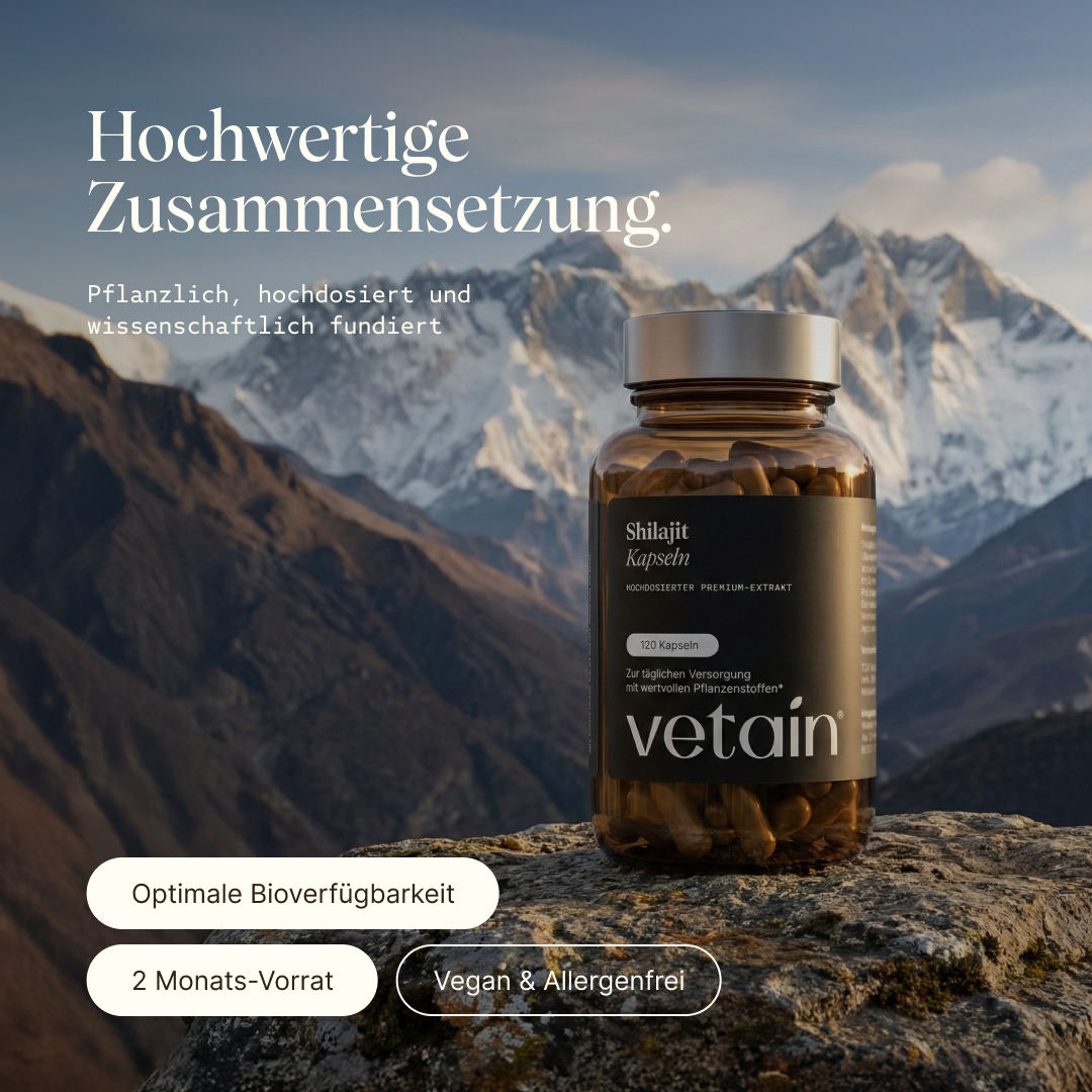 Vetains Shilajit Kapseln in einem Glas, im Hintergrund Berge. Hochwertige Zusammensetzung, optimale Bioverfügbarkeit, 2 Monats-Vorrat, vegan & allergenfrei.