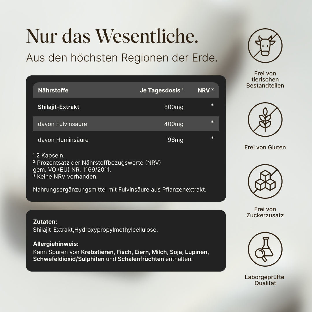 Zusammensetzung von Vetains Shilajitkapseln. Cleane Zutaten, ohne Gluten, Zuckerzusatz und vegan. Pro Tagesdosis 800 mg Shilajit-Extrakt, davon 400 mg Fulvinsäure und 96 mg Huminsäure.