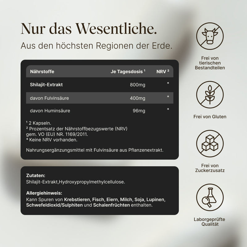 Zusammensetzung von Vetains Shilajitkapseln. Cleane Zutaten, ohne Gluten, Zuckerzusatz und vegan. Pro Tagesdosis 800 mg Shilajit-Extrakt, davon 400 mg Fulvinsäure und 96 mg Huminsäure.