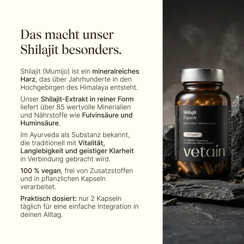 Auf der rechten Seite steht ein Glas mit Vetains Shilajit Kapseln. Links wird beschrieben, was Vetains Shilajit besonders macht: Reine Form, mit Fulvinsäure und Huminsäure, 100 % vegan etc.