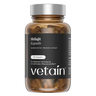 Vetains Shilajit Kapseln in einer hochwertigen und cleanen Glasverpackung.