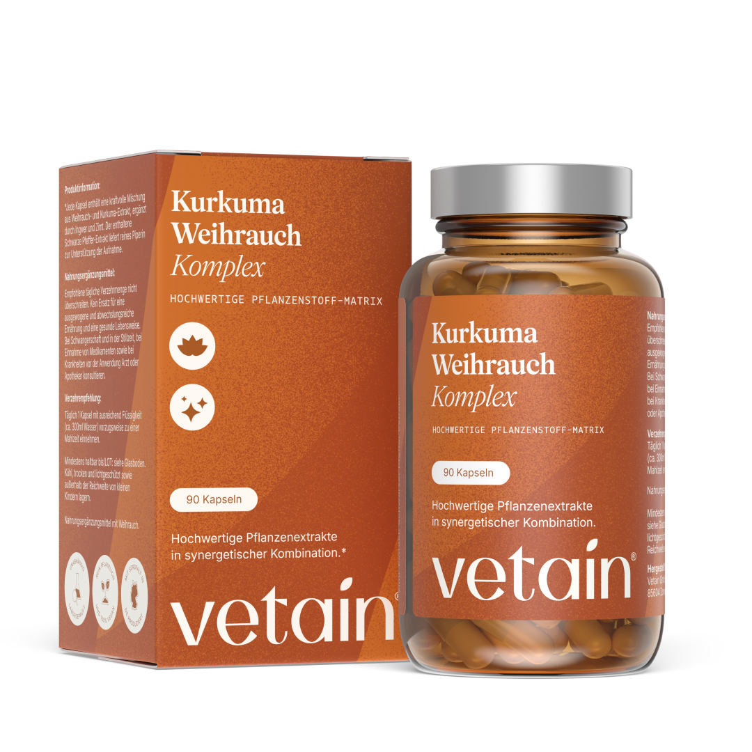 Vetains Kurkuma Weihrauch Komplex. Hochwertige Pflanzenstoff-Matrix mit 90 Kapseln. Hochwertige Pflanzenextrakte in synergetischer Kombination.