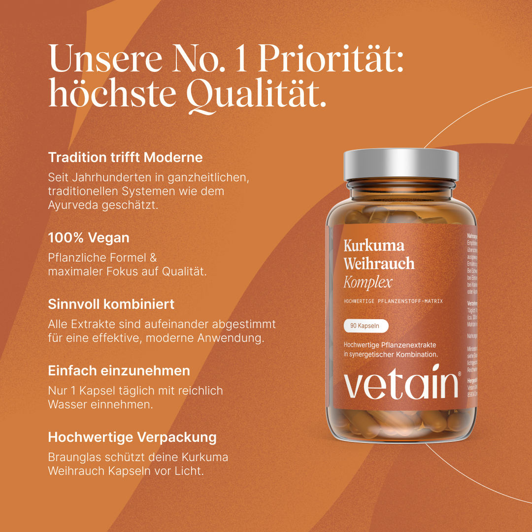 Vetain Kurkuma Weihrauch Komplex im Braunglas mit 90 veganen Kapseln – Qualitätsmerkmale im Überblick