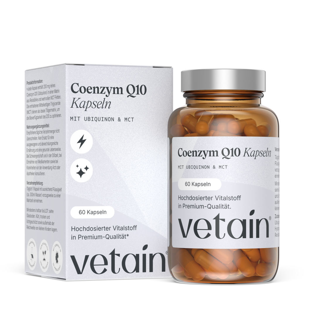 Coenzym Q10 Kapseln von Vetain. Hochdosierter Vitalstoff in Premium-Qualität mit Ubiquinon & MCT