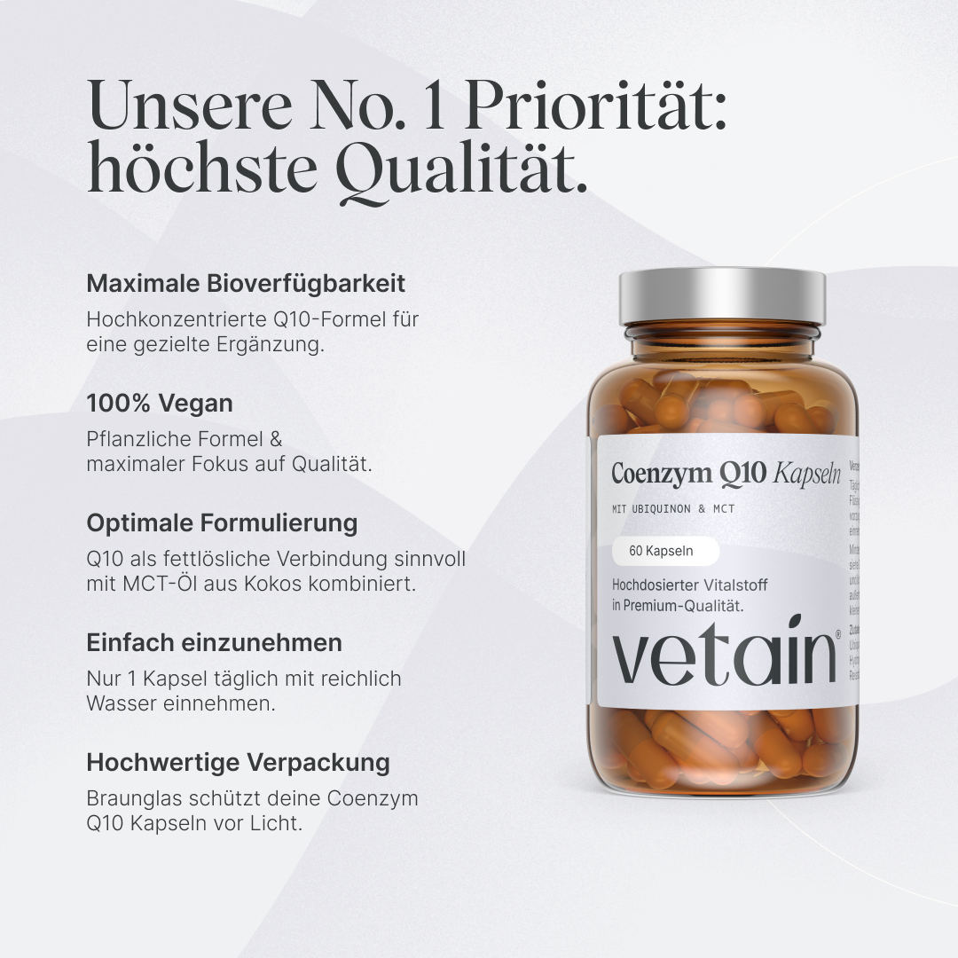 Vetain Coenzyme Q10 Capsules with Ubiquinone & MCT (60 capsules, amber glass). Heading “Our No. 1 Priority: Highest Quality”. Features: maximum bioavailability (highly concentrated Q10 formula), 100% vegan, optimal formulation (Q10 combined with coconut-derived MCT oil), easy to take (1 capsule daily), high-quality amber glass packaging.