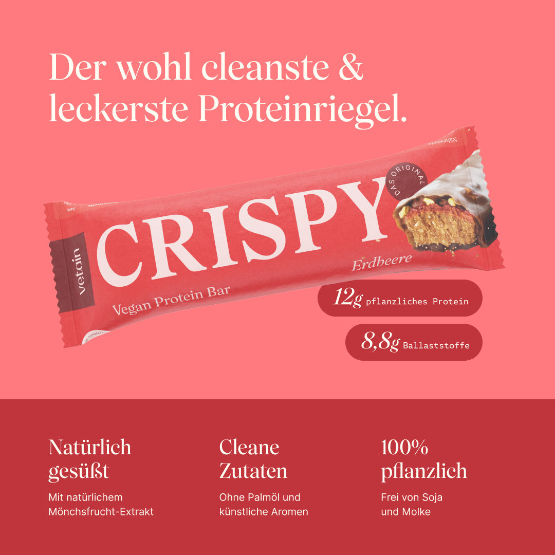 Crispy Proteinriegel von Vetain mit 12g pflanzlichem Protein, 8,8g Ballaststoffe. Natürlich gesüßt mit Mönchsfrucht-Extrakt, cleane Zutaten ohne Palmöl und künstliche Aromen, 100% pflanzlich und frei von Soja und Molke