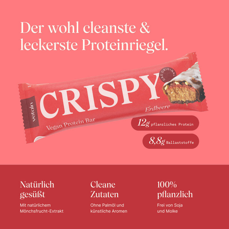 Crispy Proteinriegel von Vetain mit 12g pflanzlichem Protein, 8,8g Ballaststoffe. Natürlich gesüßt mit Mönchsfrucht-Extrakt, cleane Zutaten ohne Palmöl und künstliche Aromen, 100% pflanzlich und frei von Soja und Molke