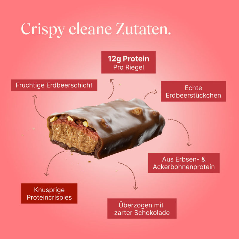 Crispy Proteinriegel von Vetain. Crispy cleane Zutaten. Fruchtige Erdbeerschicht, 12g Protein pro Riegel, Echte Erdbeerstückchen, Knusprige Proteincrispies, Überzogen mit zarter veganer Vollmilchschokolade, aus Erbsen- und Ackerbohnenprotein