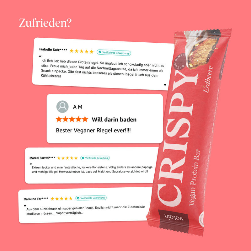 Glückliche und zufriedene Kundenbewertungen über den Crispy Proteinriegel von Vetain