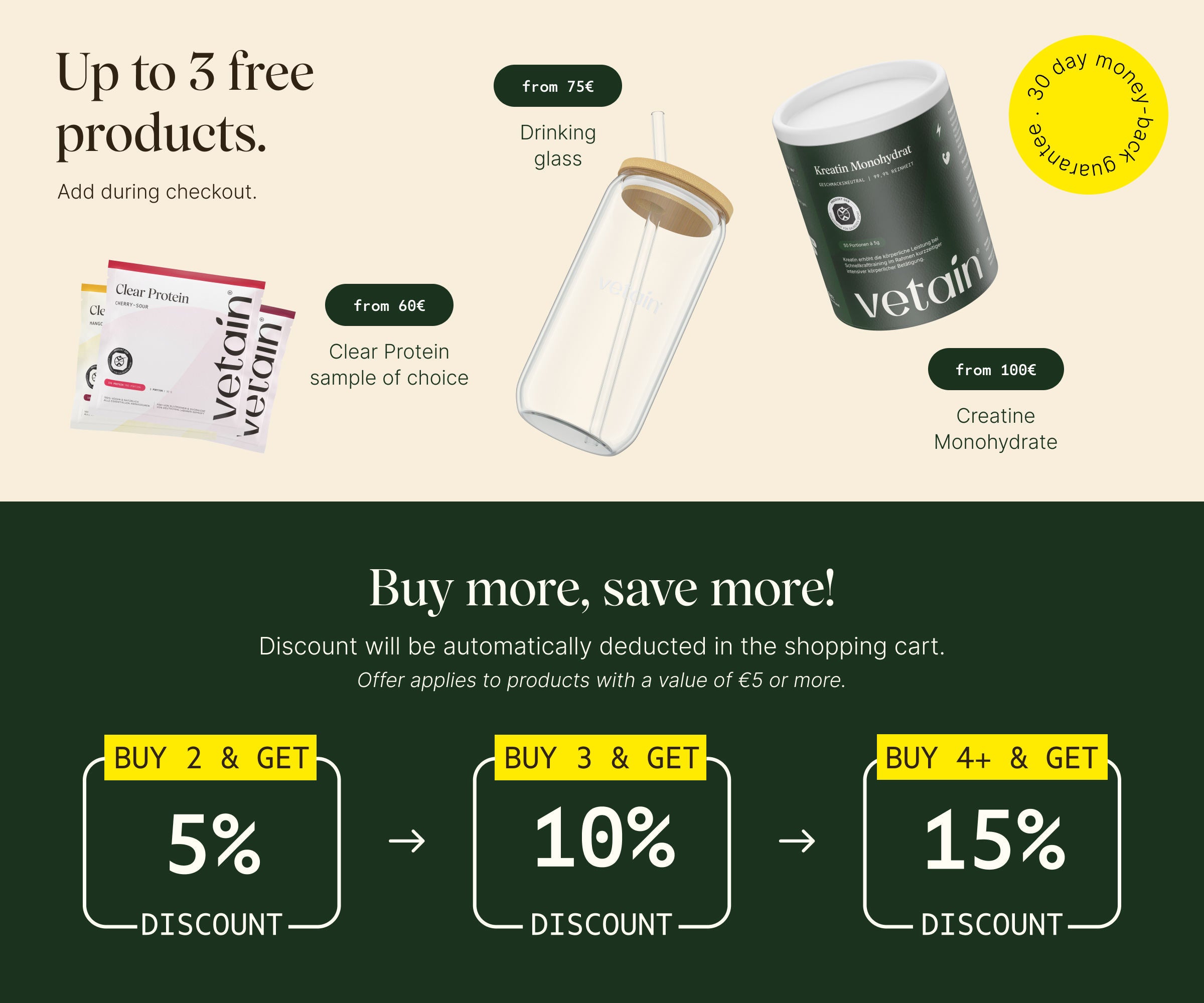 Vetain's tiered system with up to 3 free products. Simply add to your shopping cart. Free Clear Protein sample of your choice with orders over €60, free drinking glass with orders over €75, free creatine monohydrate with orders over €100. 30-day money-back guarantee. Plus: Volume discount of up to 15% when you buy 4 or more products.