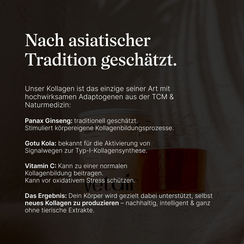 Nach asiatischer Tradition geschätzt. Das Vetain Kollagen Typ 1 mit Panax Ginseng, Gotu Kola und Vitamin C. Zur Unterstützung der Produktion von neuem Kollagen