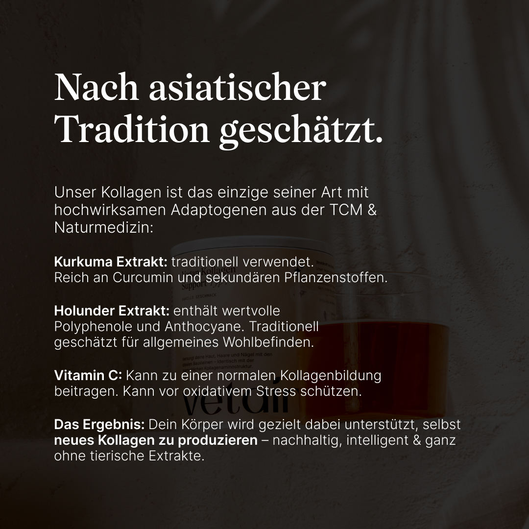 Vetains Kollagen Typ 2. Nach asiatischer Tradition geschätzt. Mit Kurkuma Extrakt, Holunder Extrakt und Vitamin C.  Zur Unterstützung der Produktion von neuem Kollagen