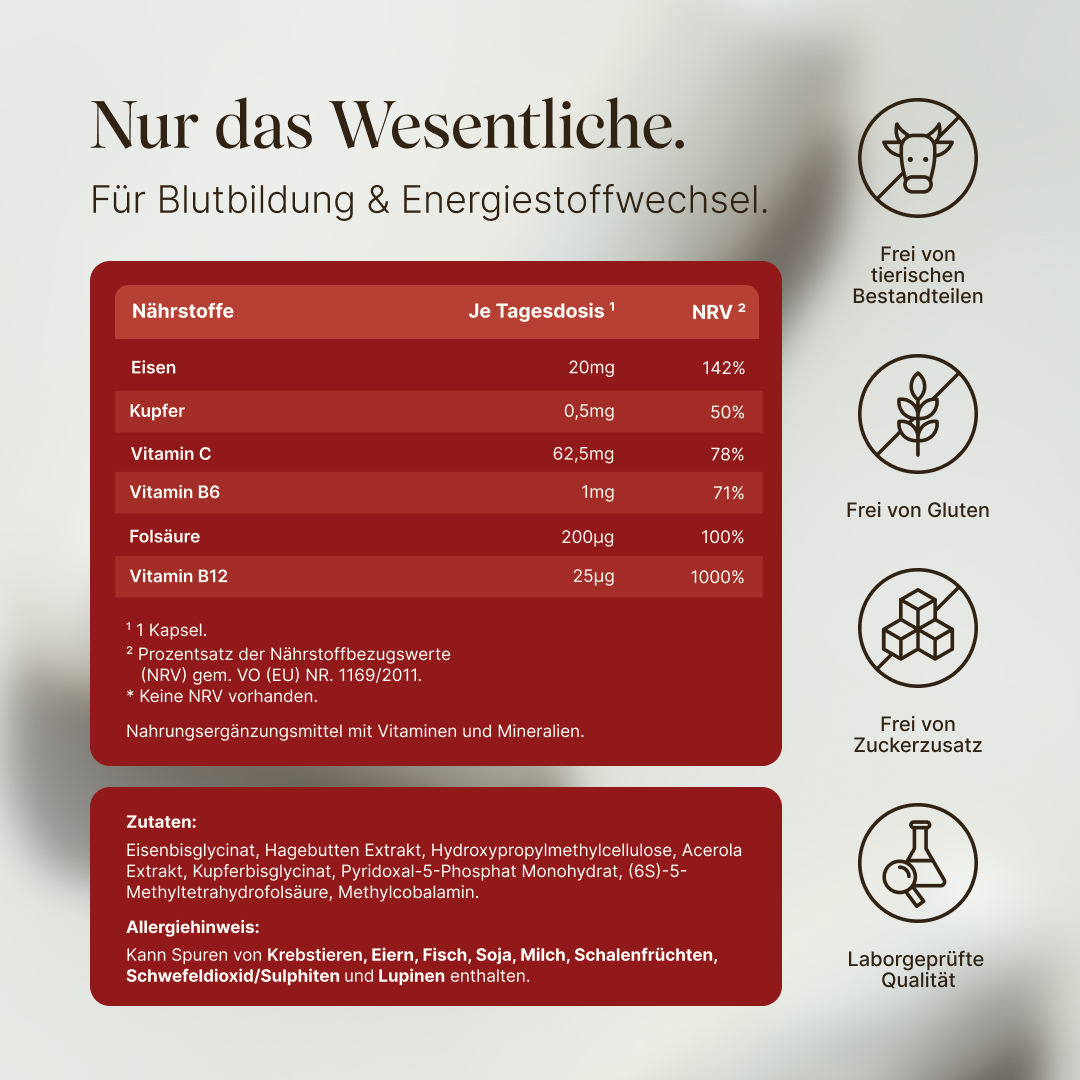 Zusammensetzung von Vetains Eisenkomplex Kapseln. Cleane Zutaten, ohne Gluten, Zuckerzusatz und vegan. Eisen, Kupfer, Vitamin C, Vitamin B6, Folsäure und Vitamin B12.