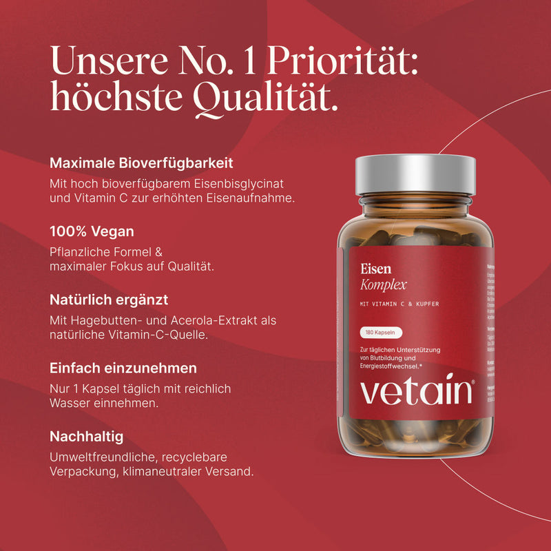 Vetains Eisenkomplex Kapseln im Glas und Erklärungen zu Vetains Nummer 1 Priorität: Höchste Qualität. Die Kapseln sind vegan, natürlich ergänzt, einfach einzunehmen, nachhaltig und haben eine maximale Bioverfügbarkeit.