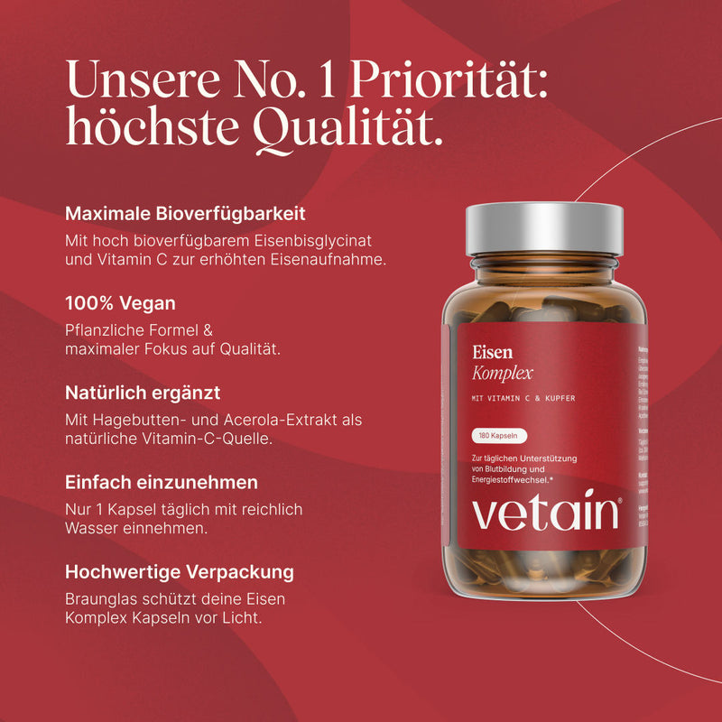 Vetain Eisen Komplex Kapseln mit Vitamin C & Kupfer (180 Kapseln, Braunglas). Überschrift „Unsere No. 1 Priorität: höchste Qualität“. Merkmale: maximale Bioverfügbarkeit (Eisenbisglycinat mit Vitamin C für erhöhte Eisenaufnahme), 100 % vegan, natürlich ergänzt (Hagebutten- und Acerola-Extrakt als natürliche Vitamin-C-Quelle), einfach einzunehmen (1 Kapsel täglich), hochwertige Braunglas-Verpackung.