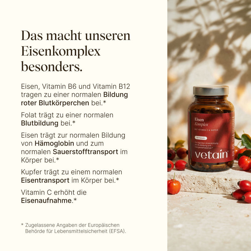 Wirkung der Eisenkomplex Kapseln von Vetain mit Vitamin B6, Vitamin B12, Folat, Kupfer und Vitamin C.