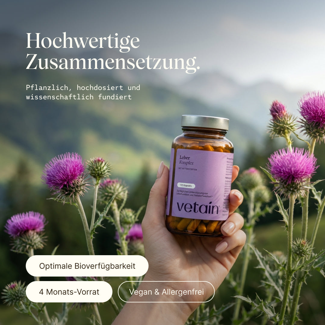 Eine Frauenhand hält ein Glas mit Vetains Leberkomplex Kapseln vor einen Mariendistelstrauch. Die Kapseln haben eine hochwertige Zusammensetzung und optimale Bioverfügbarkeit. 4 Monats-Vorrat.