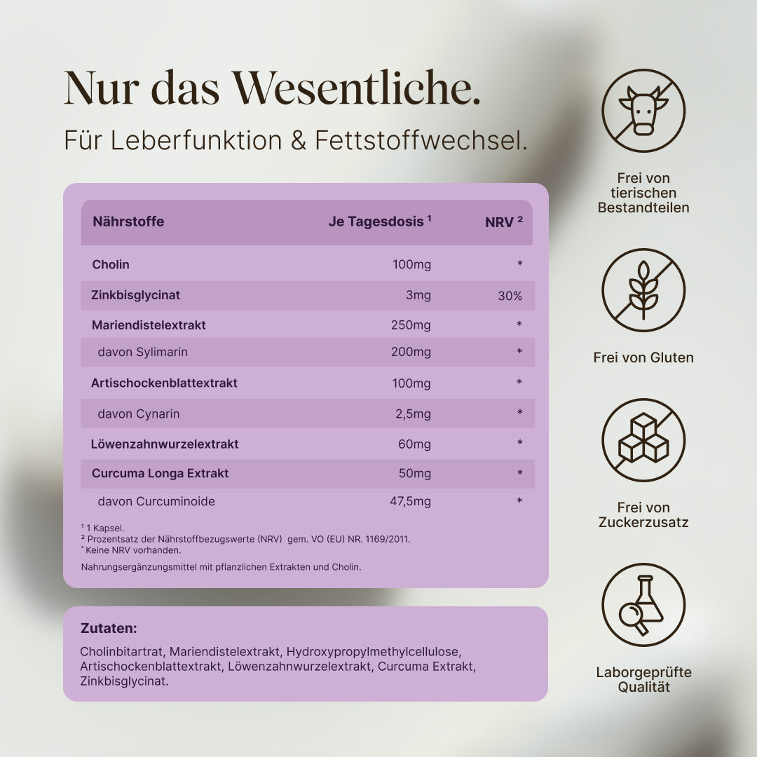 Zusammensetzung von Vetains Leberkomplex Kapseln. Cleane Zutaten, ohne Gluten, Zuckerzusatz und vegan. Cholin, Zink und Bitterstoffe.