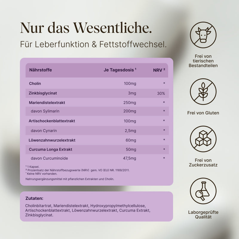 Zusammensetzung von Vetains Leberkomplex Kapseln. Cleane Zutaten, ohne Gluten, Zuckerzusatz und vegan. Cholin, Zink und Bitterstoffe.