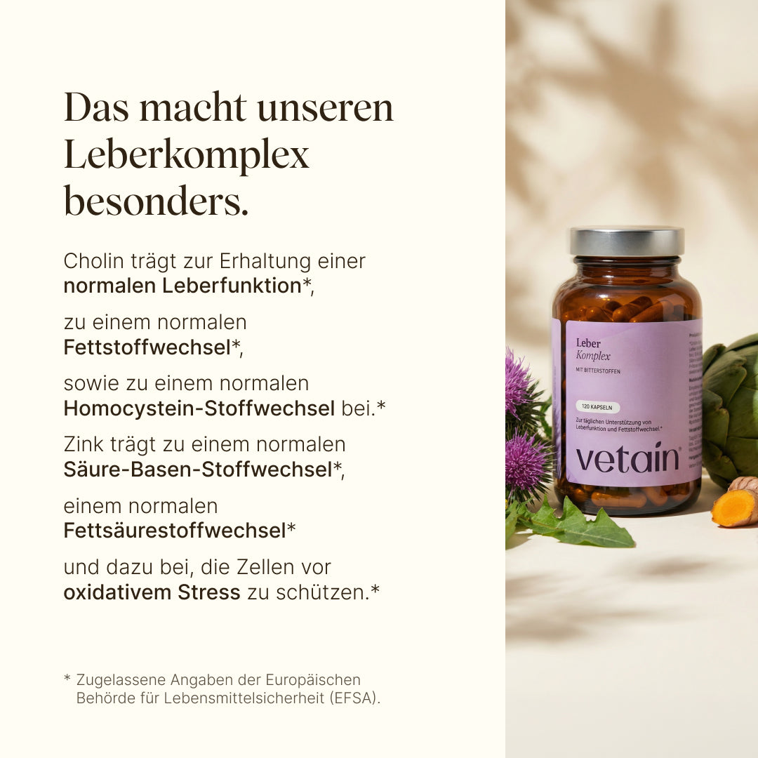 Wirkung der Leberkomplex Kapseln von Vetain mit Cholin, Zink und diversen pflanzlichen Bitterstoffen. 